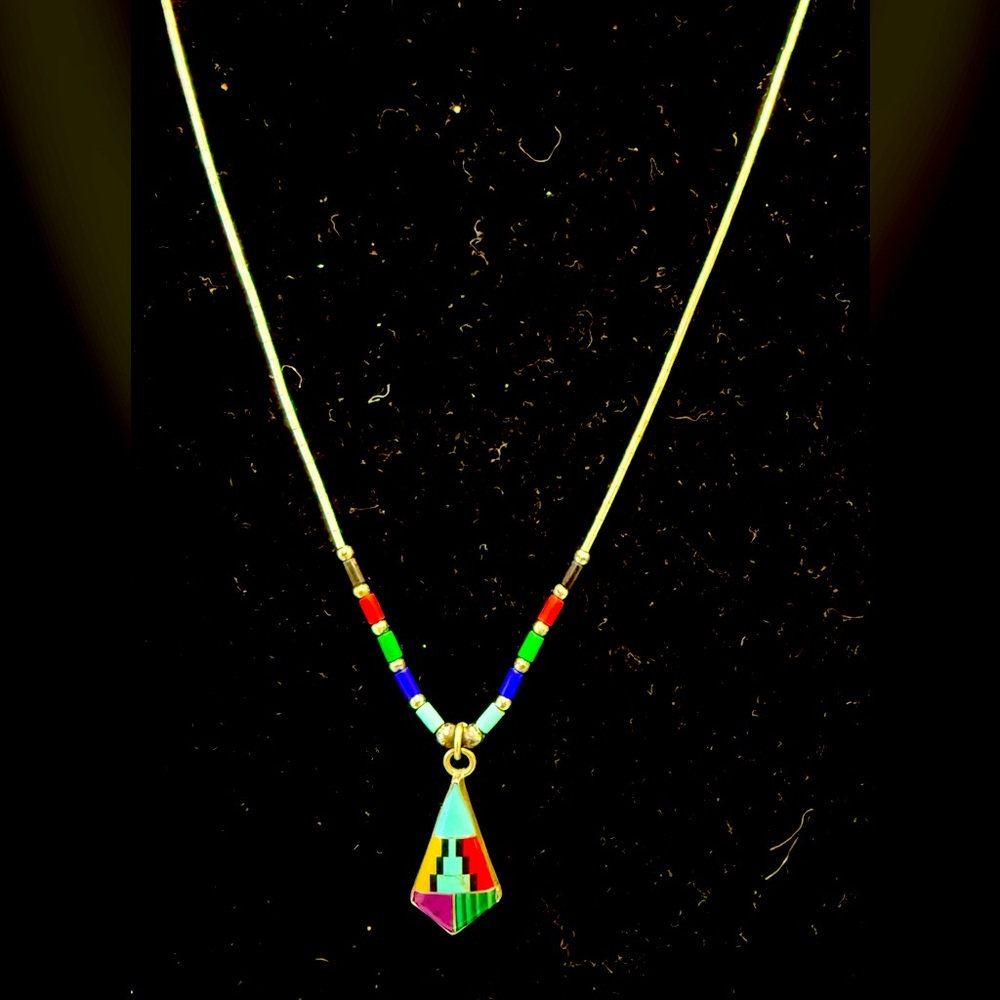 Vintage Southwest Native American  Liquid Sterling Multi Stone Pendant Necklace